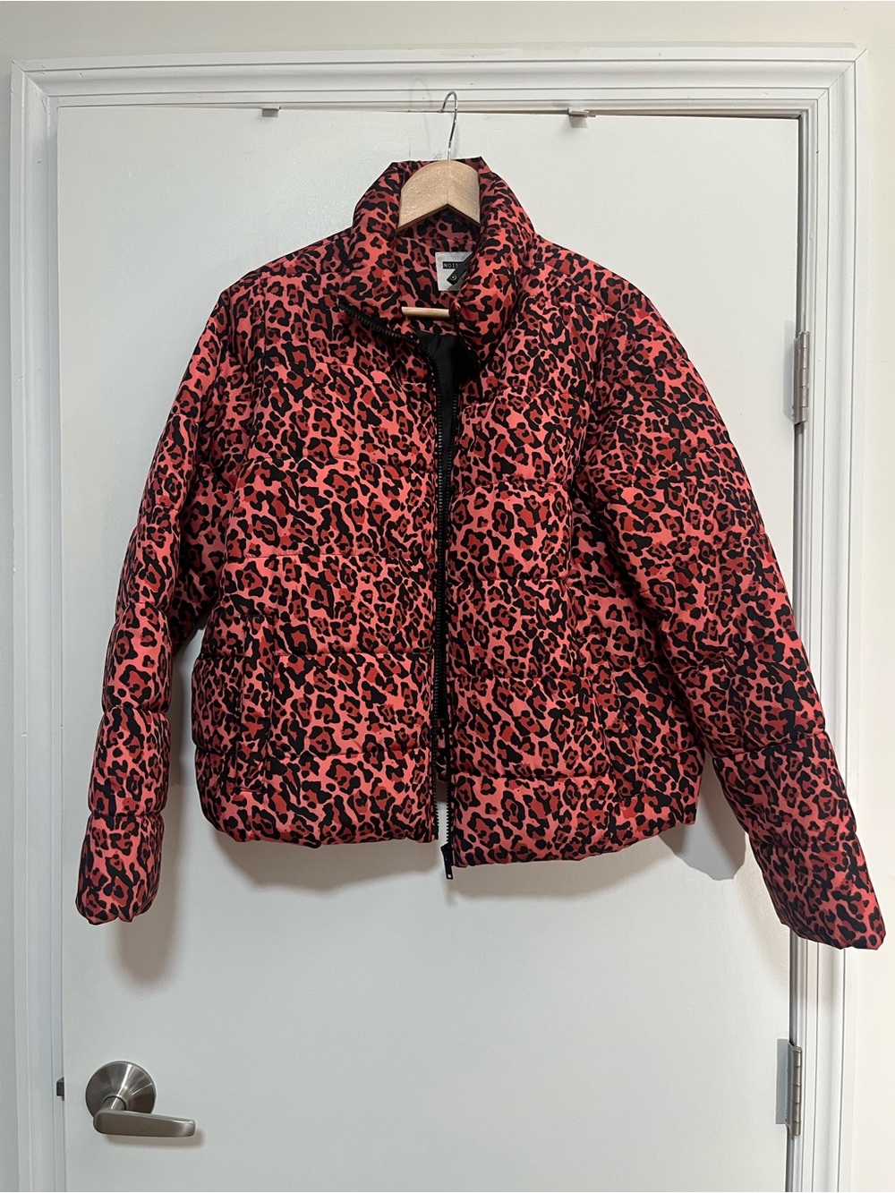 Noisy May Coral Red and Black Leopard Puffer Jacket